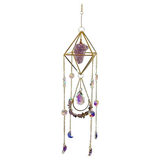 Faux Crystal Prisms Suncatcher, Natural Stone Window Hanging Ornament, Wind Chime Rainbow Maker Pendant for Home Garden Porch B