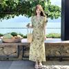 Green Floral Long Dress, Summer V-Neck Slim Fit Vacation Dress for Women, Lightweight Flowy Boho Style Outfit