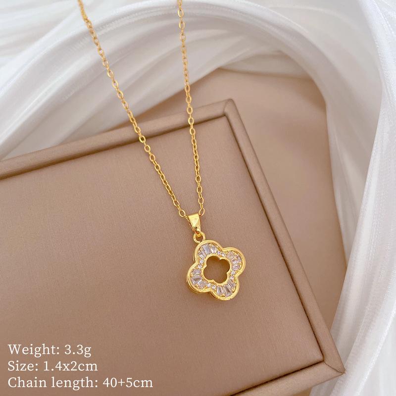 Necklace Earrings Set Light Luxury Full Diamond Four-Leaf Flower Zircon Personality Temperament Banquet Earrings Necklace Group
