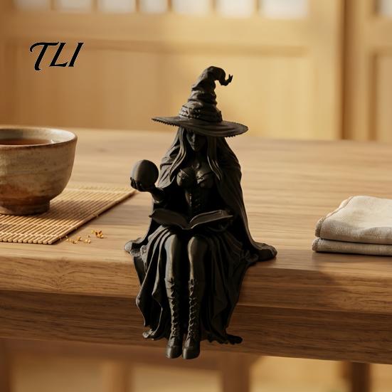 Dark Style Home Decor 3D Printed Fortune Teller Figurine, Halloween Mystic Gypsy Statue for Shelf Matte Black Witch Tabletop Display, Gothic Sculpture