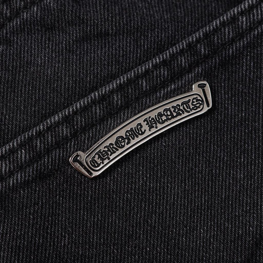 CHROME HEARTS Herren Schwarze Denim Shorts mit Weißen Kreuz-Aufnähern Baggy Streetwear Jorts