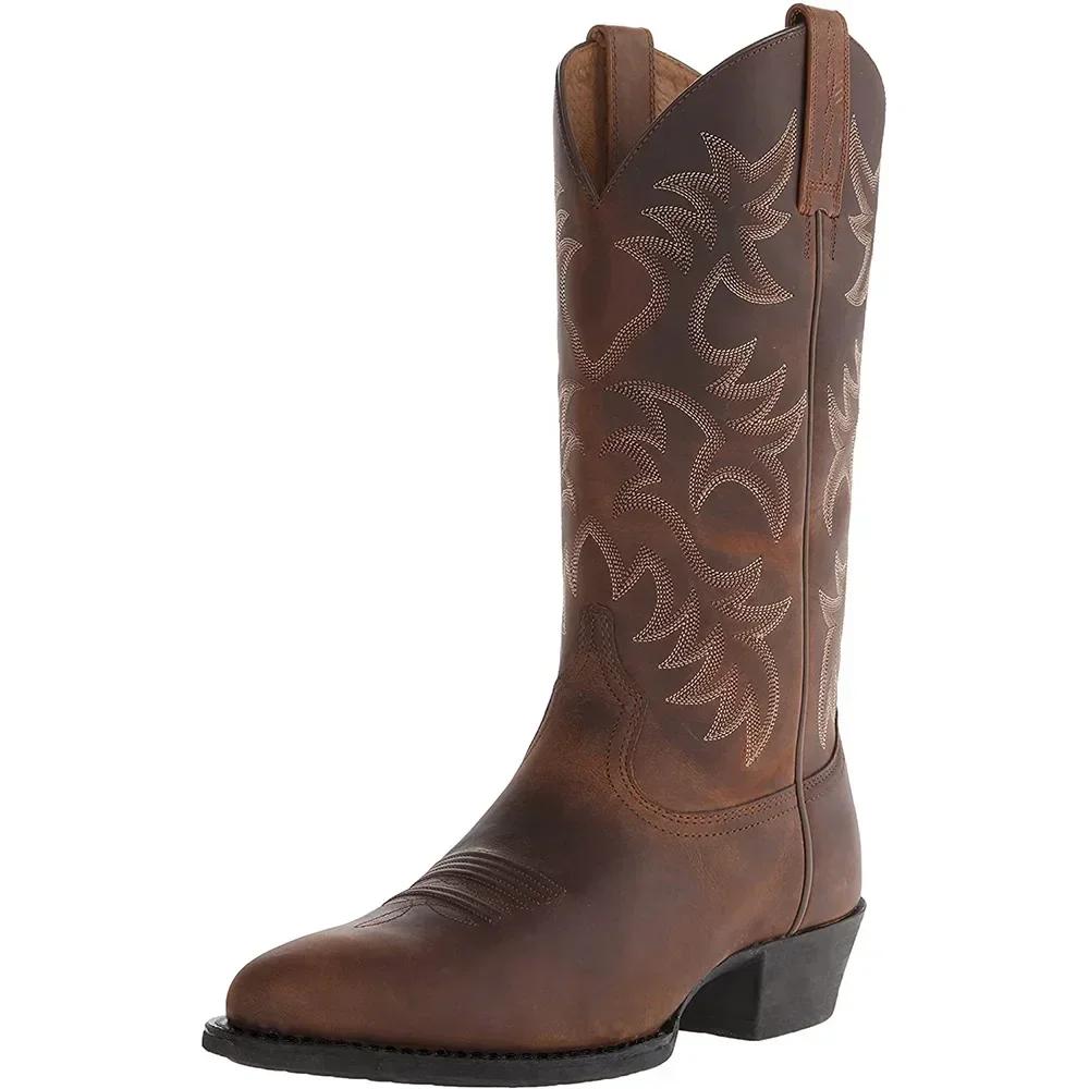 Handmade Men Cowboy Boots Embroidery Western Boots Pointed-toe Mid-calf Male Boots New Slip on Men Riding Boots
