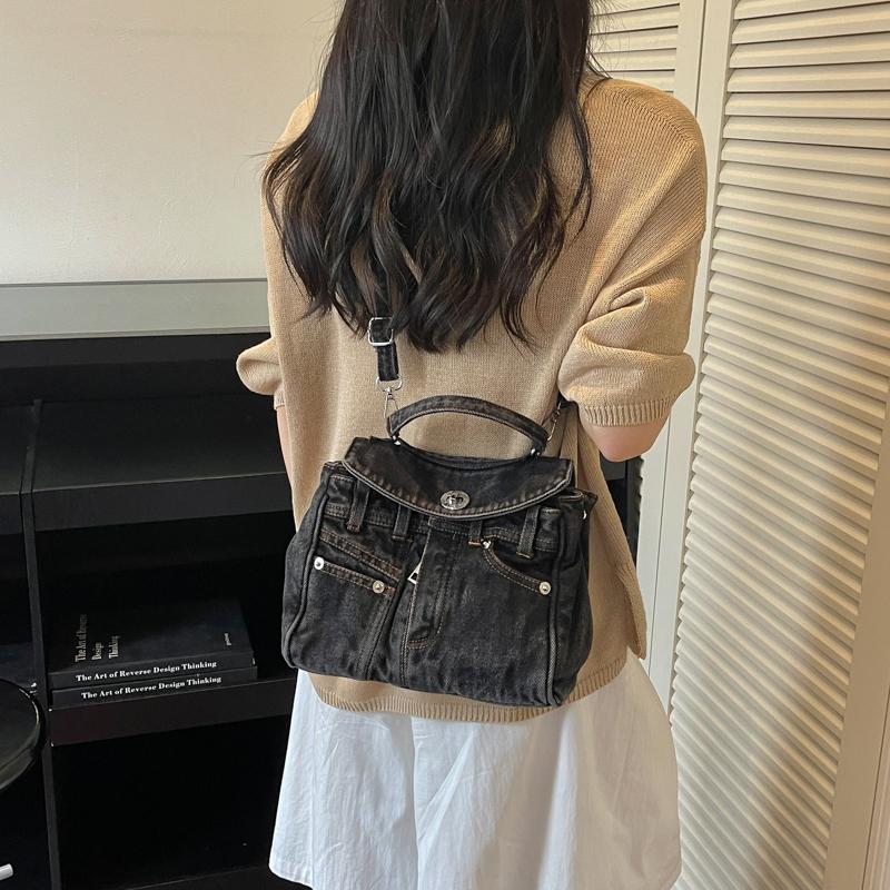 Stylish Denim Handbag Mini Backpack with Detachable Strap and Front Pockets for Casual Wear