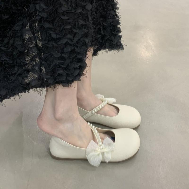 Fashion Hot Selling 2025 Spring New Lace Versatile Bow Flat Bottom Mary Sandal Women's Single Shoe Pearl One Step Soft Bottom with Skirt