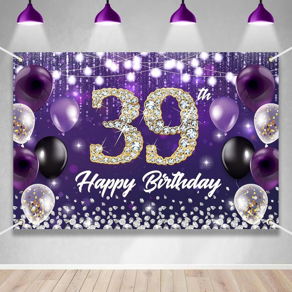 Happy 60th Birthday Backdrop Banner Purple Theme Background with Shiny Diamond Noble Elegant Birthday Party Photo Photography Prop Booth Background