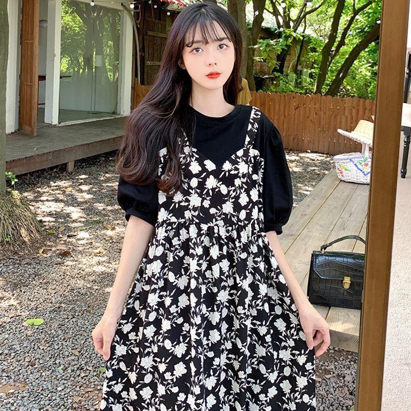 Summer Splicing Fake Two-piece Floral Strap New Dress Fashionable and Thin Loose Short-sleeved Long Dress Korean Version Skirt