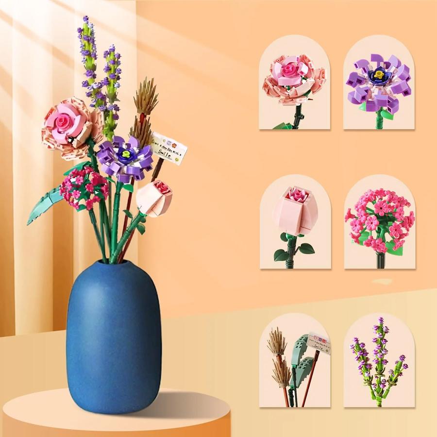 Non-Toxic 547Pcs Lavender Bouquet Mini Bricks Flowers Building Blocks Rose Children Toys Home Decor Mother'S Day Valentine'S Day Gifts