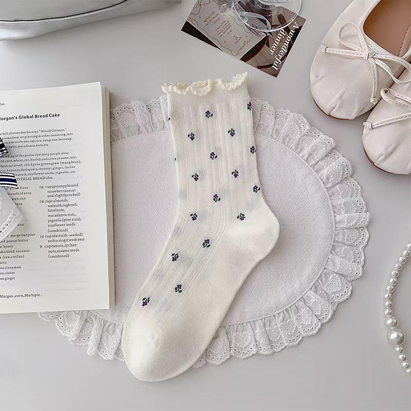 Spring 2026 Floral Mesh Breathable Cotton Socks for Women - Japanese Style, Seamless with Bubble Cuff, Mid-High Tube