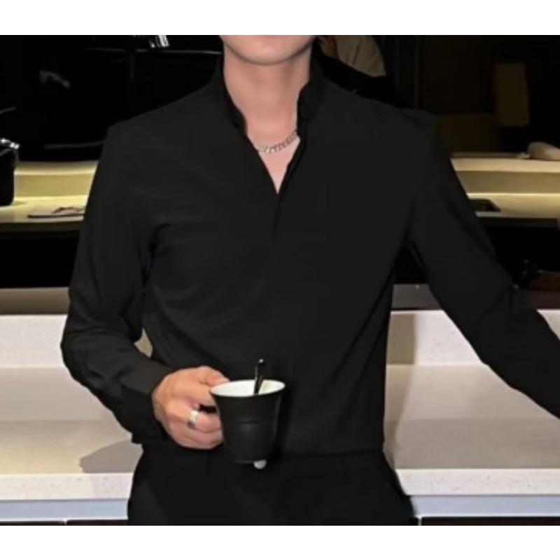 Mens Solid Color Stand Collar Long Sleeve New Chinese Style Casual Shirt