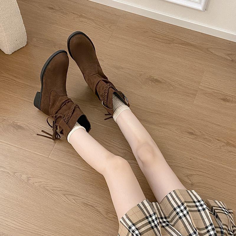 Fashion But Knee Skinny Pile Medium Boots Fall/Winter 2025 Vintage Round Heel Women's Martin Boots