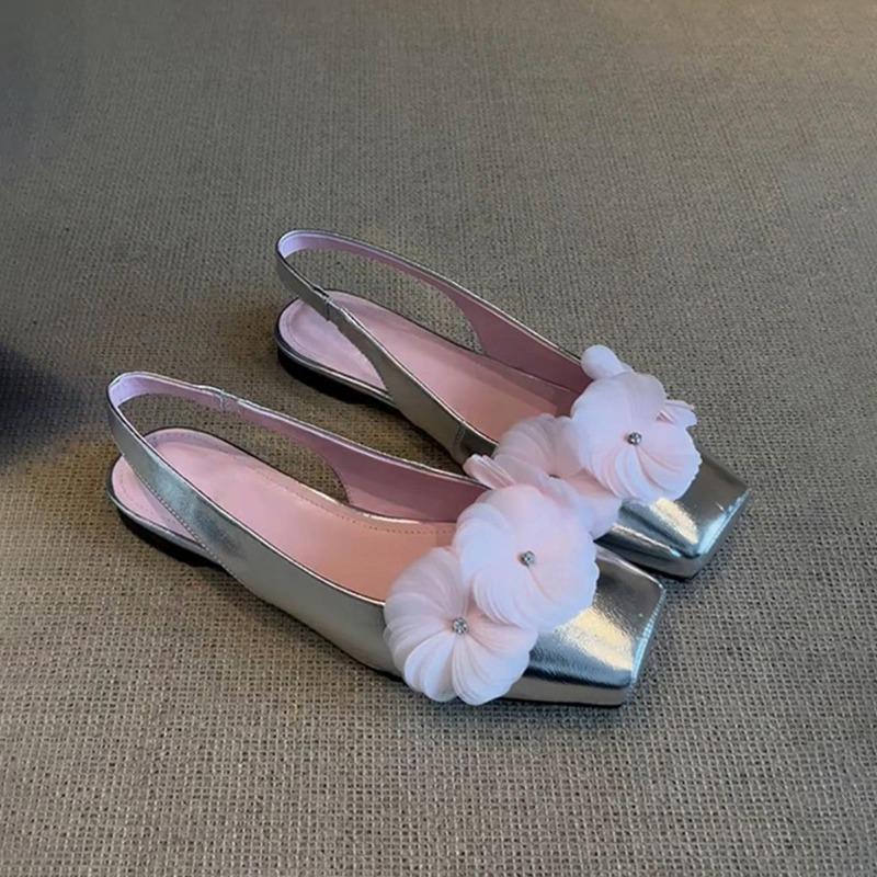 

Fashion Flower Square Toe Women Flat Sandals Loafers Shoes Woman 2025 Trend Summer Elegant Ballet Shoes Dress Shallow Sandalias De Mujer 40 серебряный