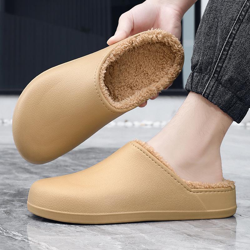 Men's Winter 2025 Non-Slip Waterproof Cotton Slippers: Leather & Fur, Thick Sole, Plus Velvet, Indoor.
