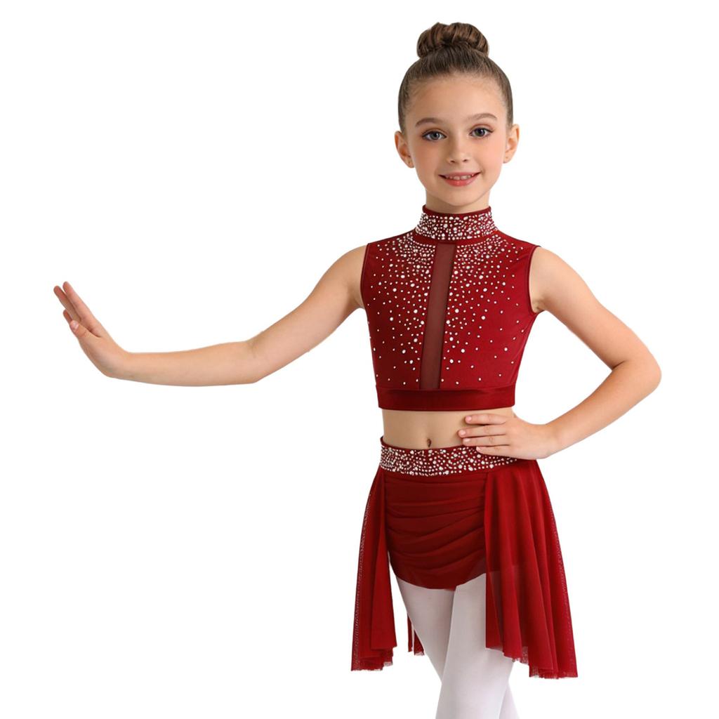Children’s Sparkle Rhinestone Sleeveless Mock Neck Top Keyhole Back and Ruched Irregular Skirt for Dance Show Practice