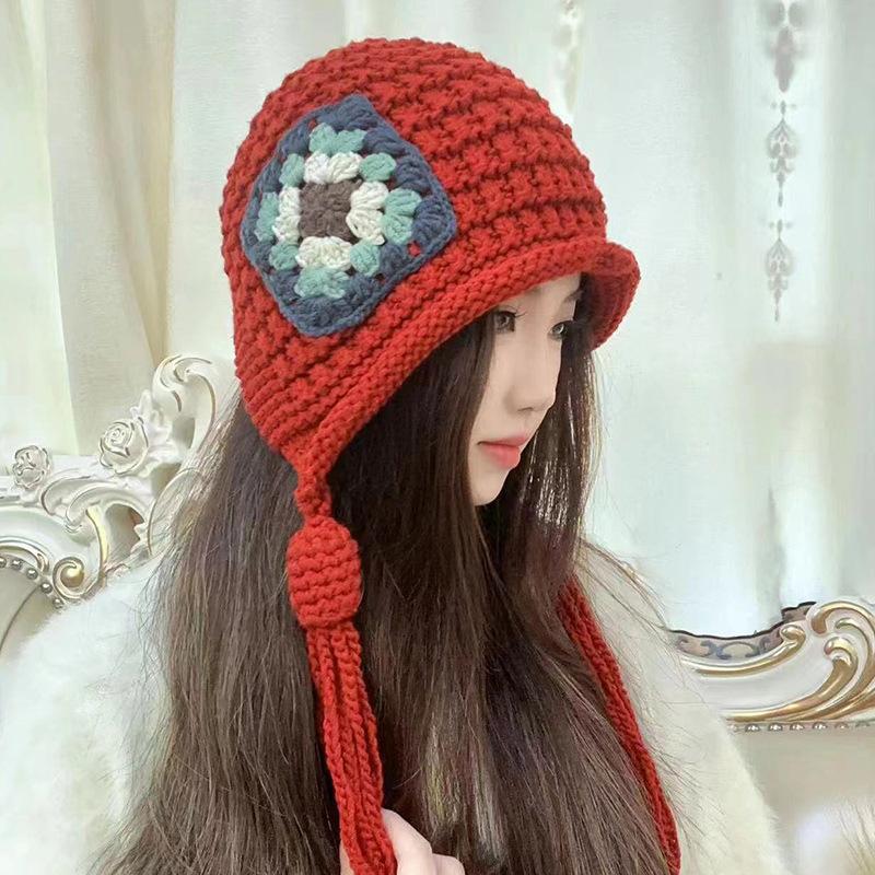 

Handmade Tassel Red Hat for Women Knitted Wool Hat Warm Head Hat Winter Ear Protection Strap Pullover Hat Trendy M（56-58cm）