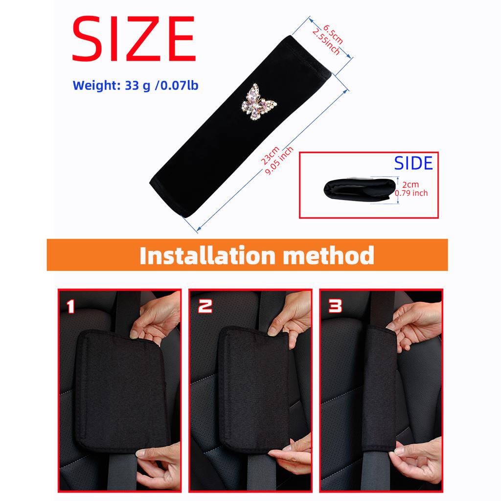 1 Butterfly Plush Set with Artificial Diamond Blingbling Soft Comfort Car Supplies Seat Belt Shoulder Cover Safety Belt