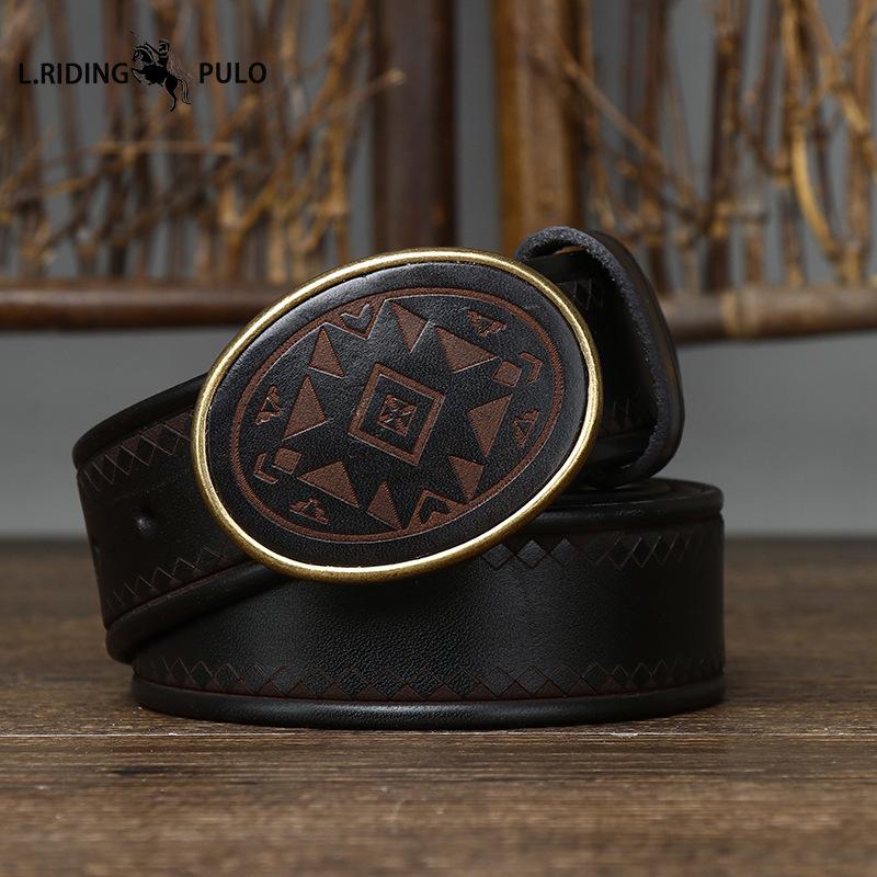 Retro Laser-engraved Pattern Trendy and Versatile Smooth Buckle Genuine Top-grain Cowhide Leather Belt for Men
