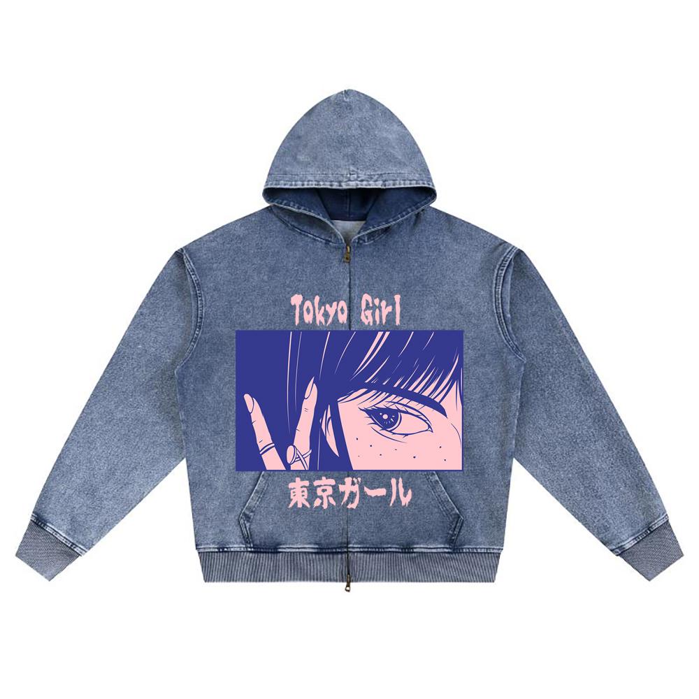 DTG Print Knitted Denim Zip-Up Hoodie Anime Streetwear 27 Brother Print Zipper Hoodies  