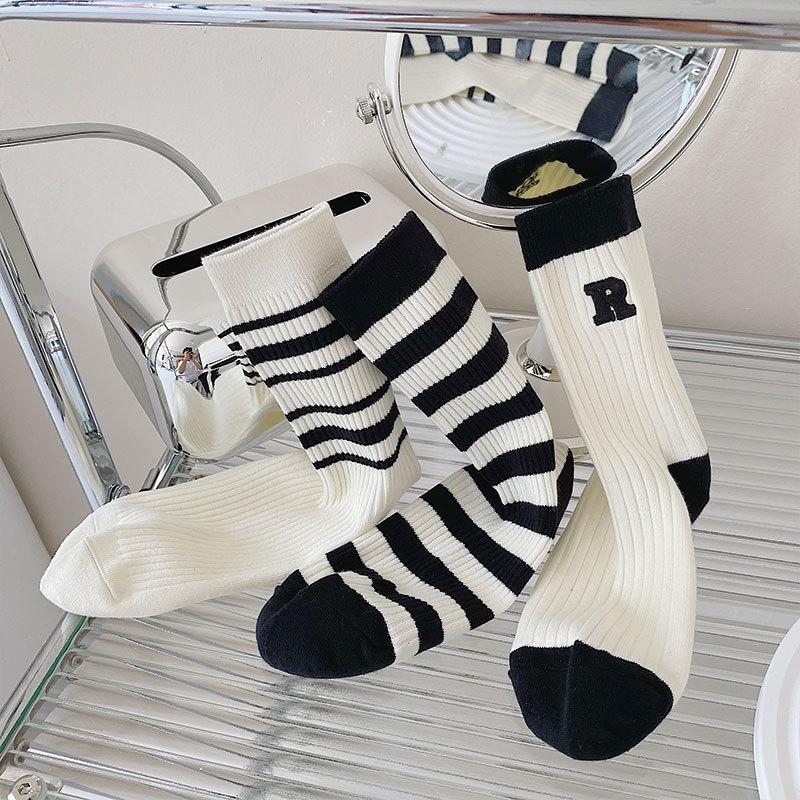 5 Pairs of Female Spring and Summer New Embroidery Stripe Simple and Breathable In The Tube Pile Socks