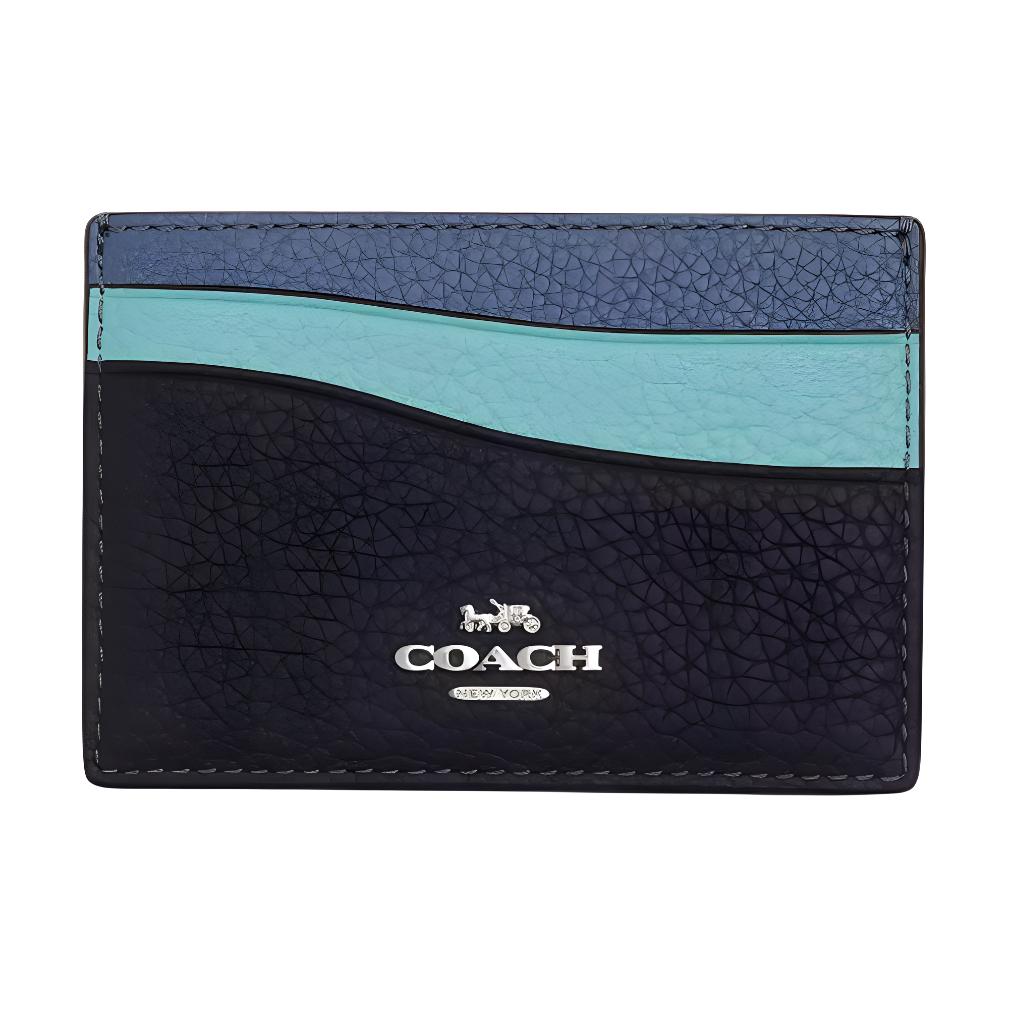 Coach Card Case Wave 10 Logo Pebble Leather Card Holder Women Card Holder Silver Midnight-Navy CU136-SVEFH Silver & Midnight Marine Blue Multicolor