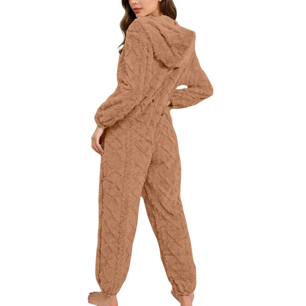 Women's Fashion Solid-Color Plush Loungewear Casual Zipper Hooded Long-Sleeve Jumpsuit Pajamas