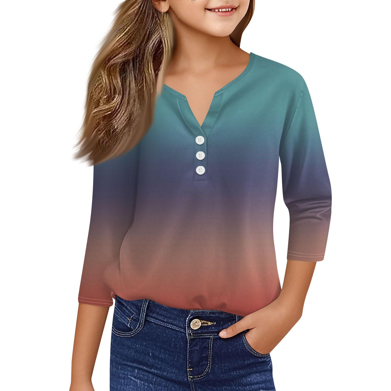 

Повседневные модные топы для девочек с принтом, футболка с семью рукавами и пуговицами 120