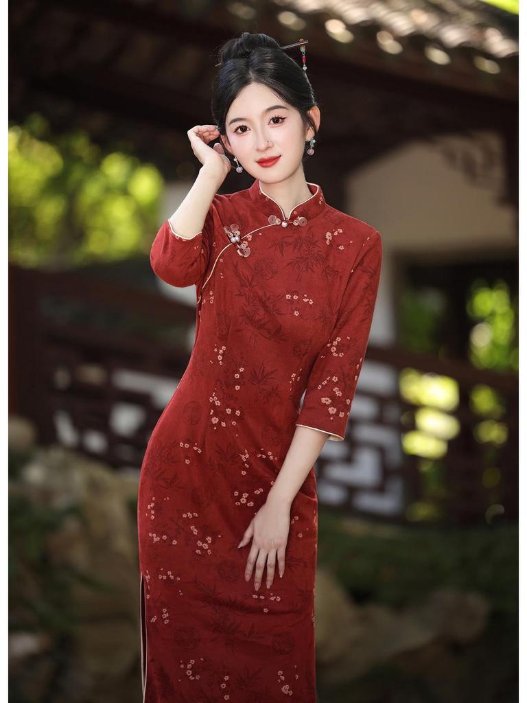 Suede Cheongsam: New 2025 Autumn Long-Sleeve Dress, National Style for Young Girls