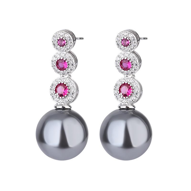 2024 new imitation natural pearl earrings micro-inlaid colored zirconium earrings white shell earrings red corundum fritillary pearl earrings