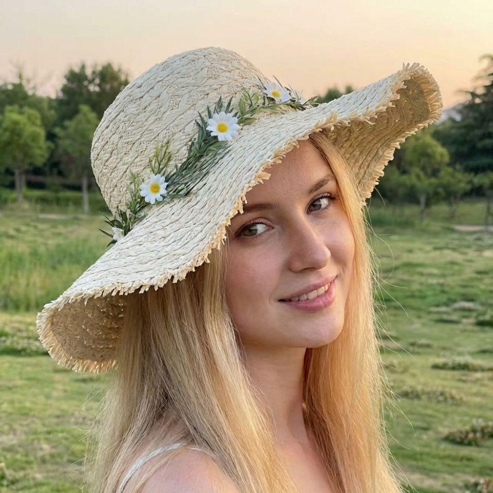 Hand-woven Raffia Straw Hat Sun Protection Wide-brimmed Fisherman's Hat Chrysanthemum Design Casual Beach Hat For Summer Outings