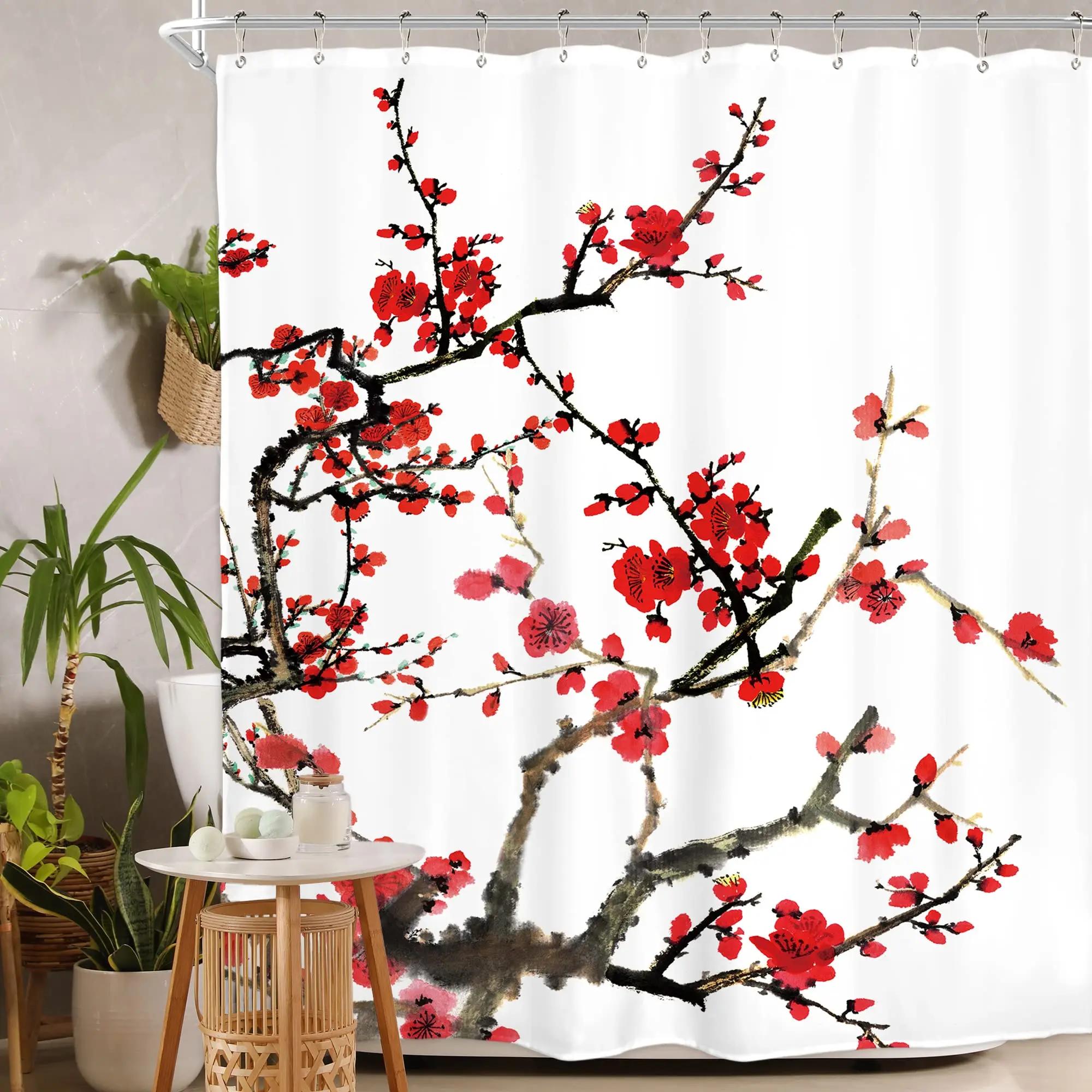 Charming Oriental Blossom Shower Curtain Set - Vibrant Cherry Blossom Designs For Elegant Bathroom Dcor, Waterproof & Easy Care W60H190(CM)-1 Pcs