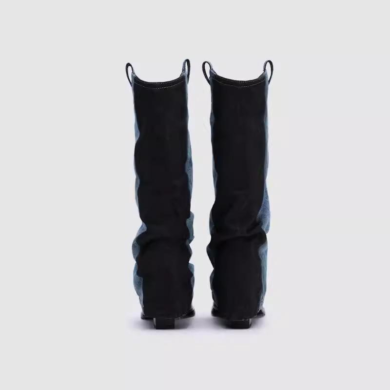 Pointed pleated high-heeled piled boots women's autumn and winter new thick-heeled boots but knee-high cowboy boots