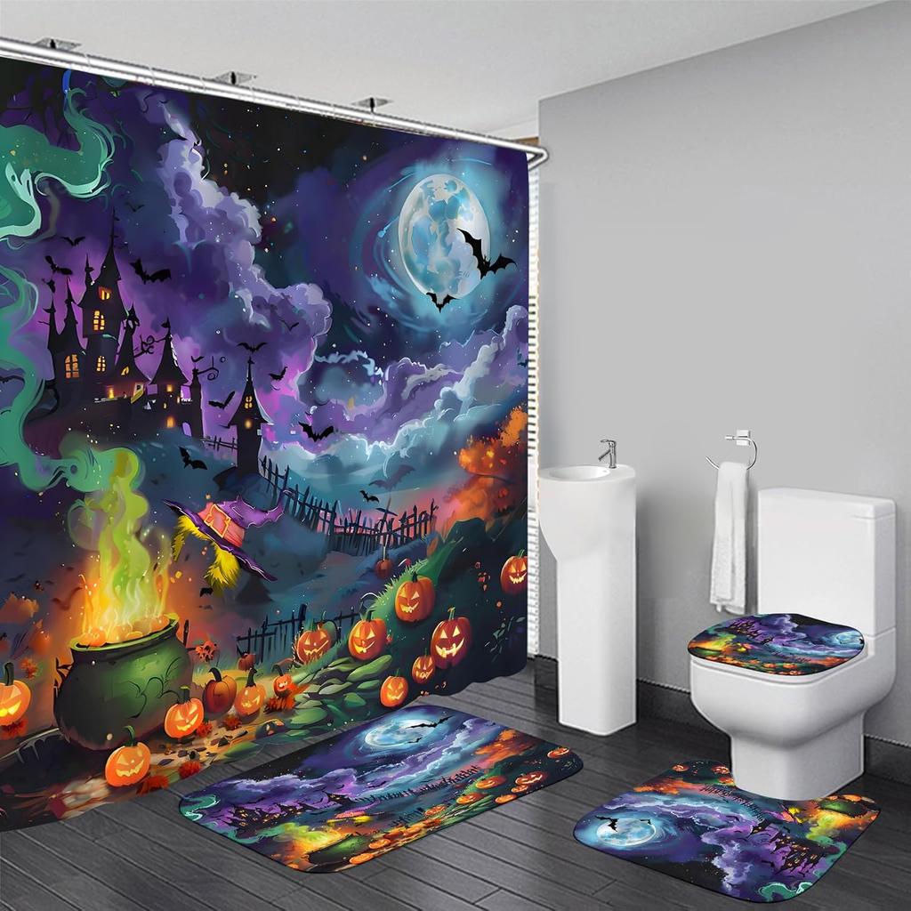 Halloween Shower Curtain Sets Haunted House Pumpkin Shower Curtains With 12 Hooks, Bathroom Decor Sets With Curtain And Rugs
