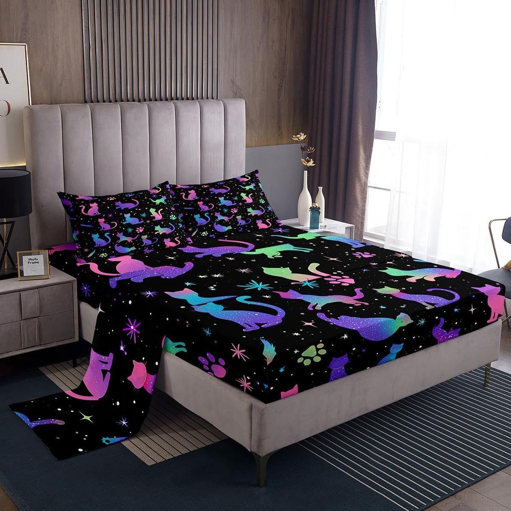 Cartoon Animal Kitten Pattern Bed Hat Four-Piece Bedding Set Bedroom Dormitory Bedding Decoration
