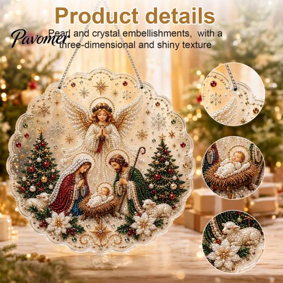 Religiöse Feiertagsdekorationen Weihnachten Perlmuttmalerei Sonnenfänger-Set, 3D Krippe/Weihnachtsmann/Vogel/Baum Festliche Heimdeko Akzente Perlen