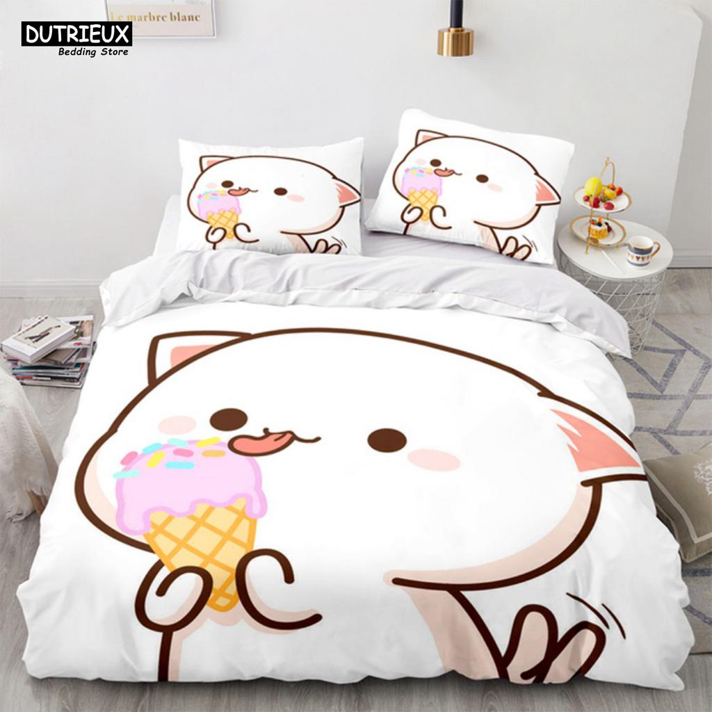 Lovely Peach Cat Bedding Set Cartoon Cute Bed Set Double Queen King Twin Full Size Duvet Cover Set Kids Girls Duvet Cover Gifts