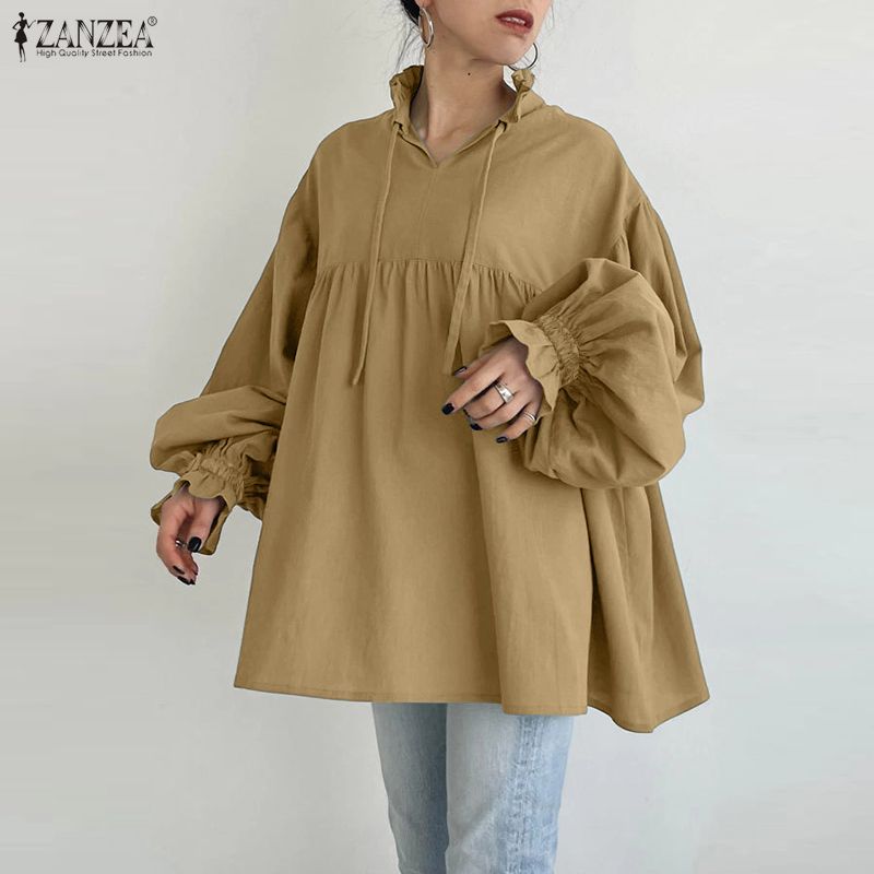ZANZEA Women Casual Round Neck Loose Puff Long Sleeve Blouse