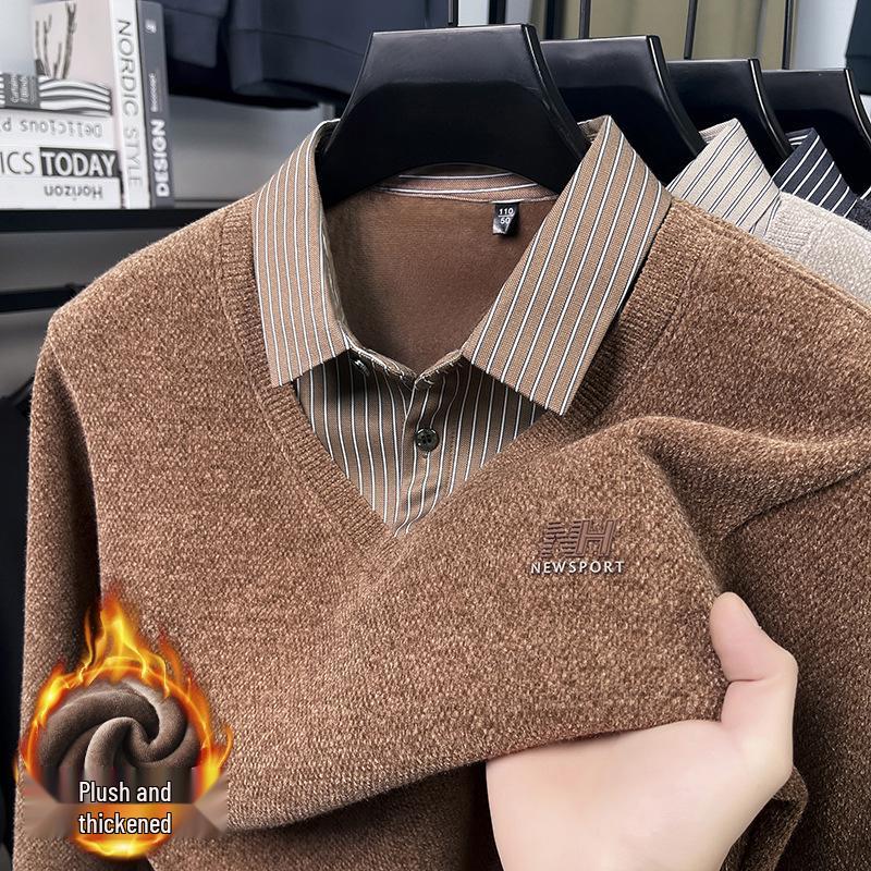 Men s Winter Fleece-Lined Knitwear: Long Sleeve, Lapel, Faux Two-Piece Sweater for Middle-Aged & Elderly. XXL верблюд