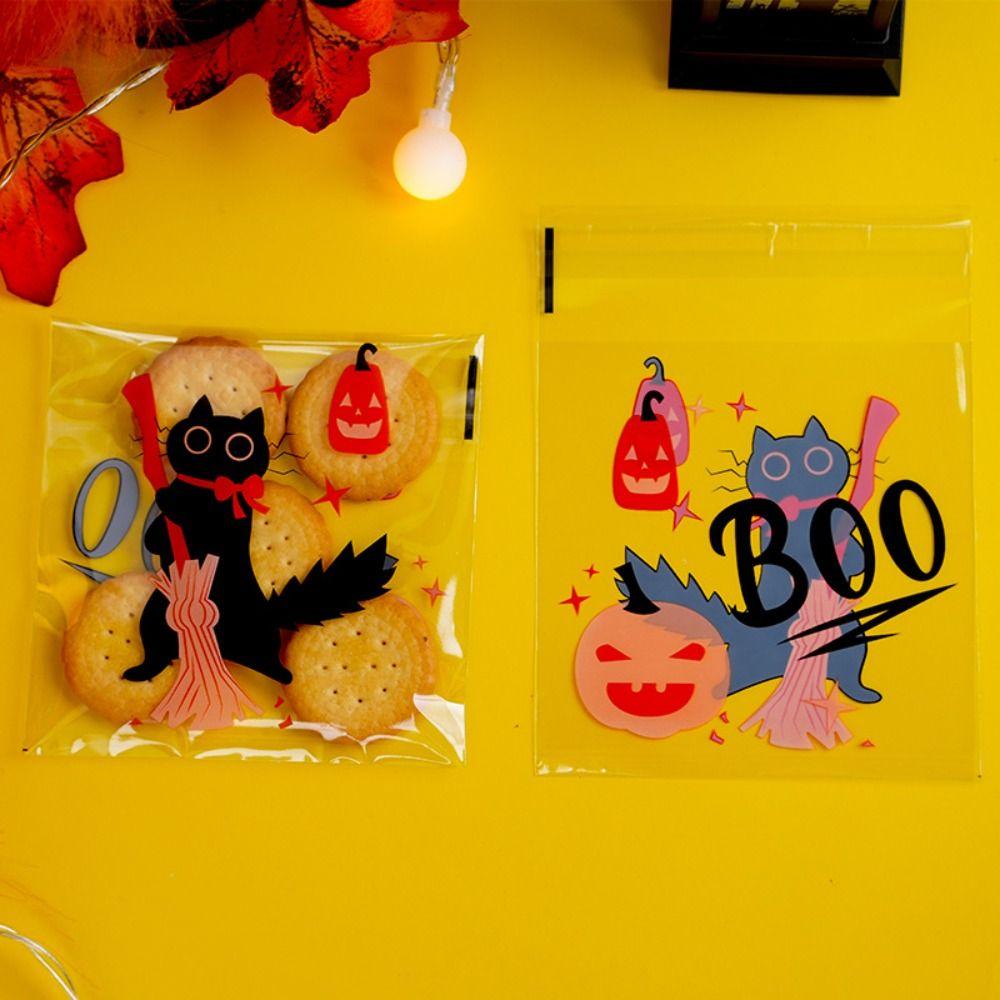 100PCS Self-adhesive Halloween Plastic Candy Pouch Pumpkin Halloween Biscuit Gift Bag   Party