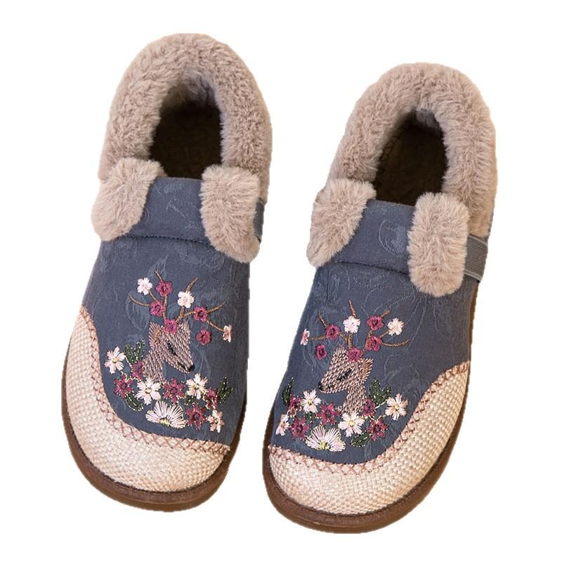 Winter ethnic style cloth shoes, warm mother shoes, new Chinese cotton shoes, fleece and thickened embroidered shoes