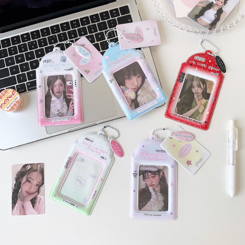 Kpop PVC Photocard Holder with Keychain Pendant Kawaii Card Protector for 54x86mm Idol Photo Fit Students Girls Gift