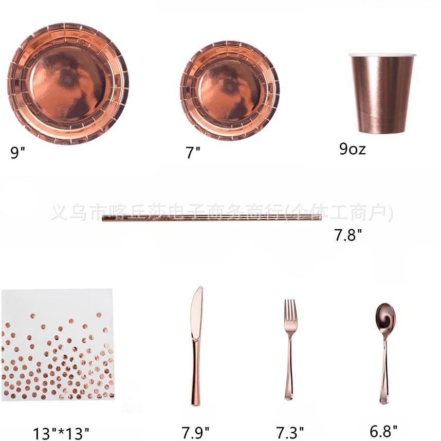 Disposable Rose Gold Bronzing Party Paper Plate Paper Cup Paper Towel Tablecloth Birthday Party Tableware Set