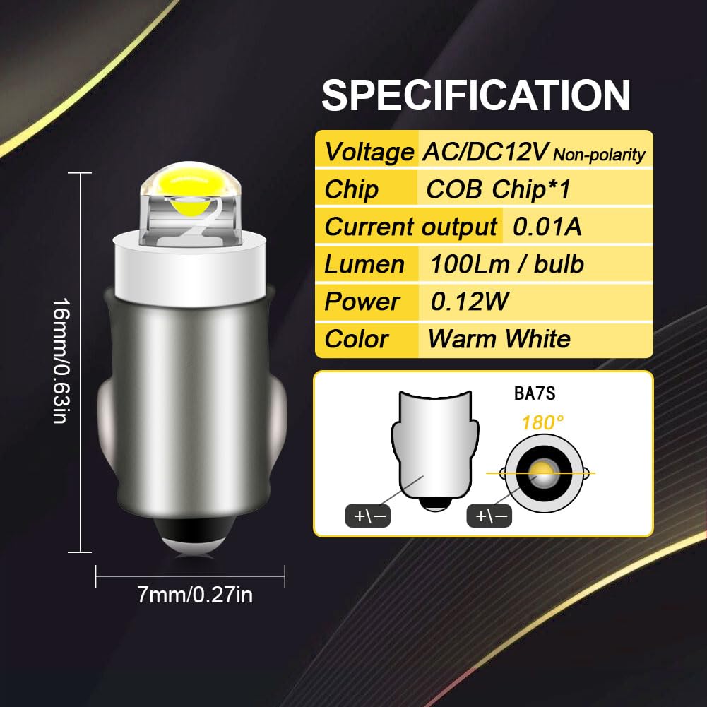 Ruiandsion BA7S Dashboard Light LED Bulb 12V Warm White Instrument