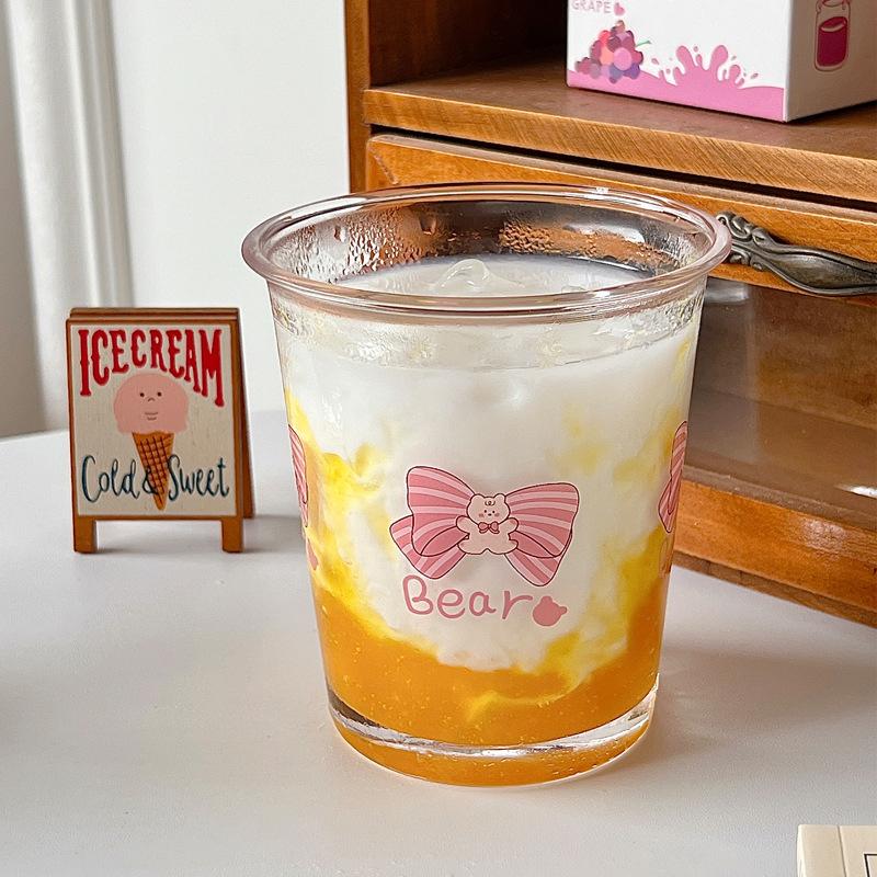 Bow Glass Cute Water Cup Cartoon Bow Glass Cup Striped Cute Doodle Coffee Mug Household Fruit Tea Lemonade Girls Gift
