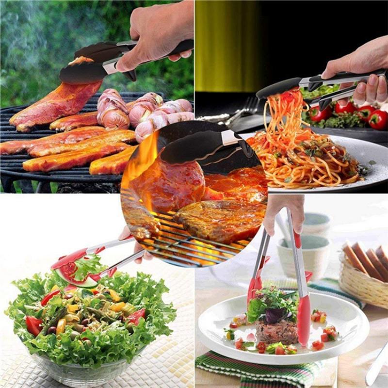 Kitchen Utensils and Cooking Tongs, Heat-resistant Stainless Steel Barbecue Tongs, Equipped with Silicone Tips and Bracket Design, Suitable for Salads