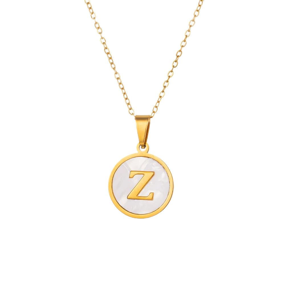 Round Gold Color 26 Letter Necklaces Alphabet Shell Pendant Necklace for Women Men Stainless Steel Chain Jewelry 1PC