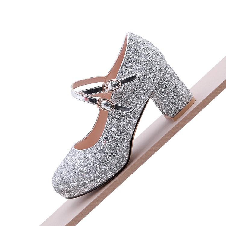 Velikost 33-43 Dámské červené třpytivé zlaté boty na vysokém podpatku, Mary Jane lodičky s dvojitým přezkovým páskem, společenské svatební