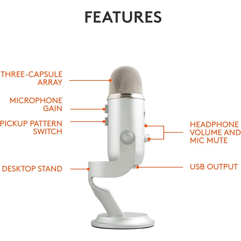 Blue Microphones Yeti USB Microphone Silver 1950 Model 16-bit/48kHz High-Quality Sound Recording