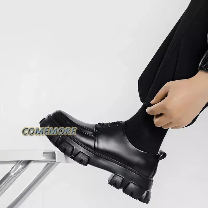 Male Leather Shoes Men's 2024 New Chunky Platform Retro Work Shoes Spring Autumn Low Top Man Casual Flats British Style Lace-up