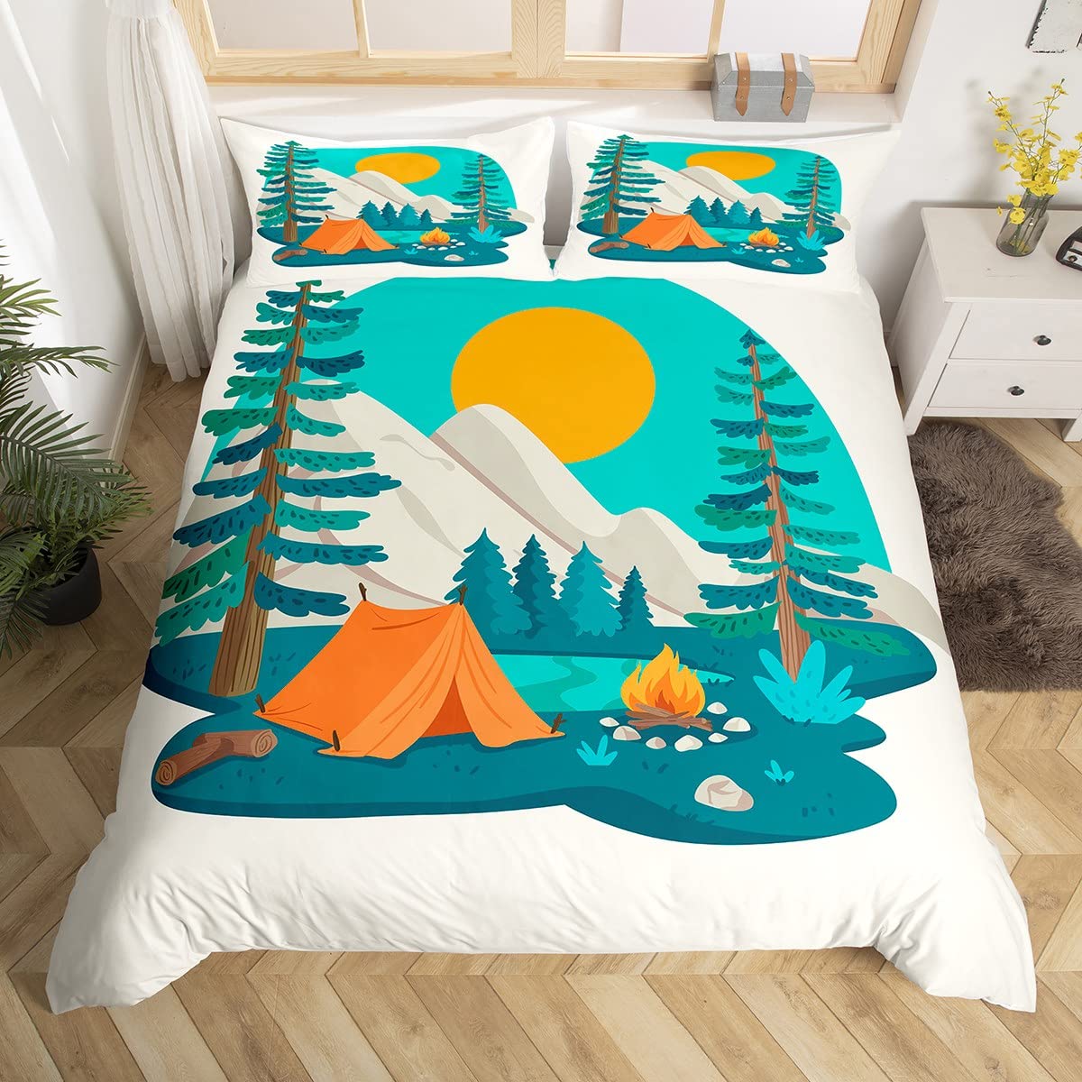 

Пододеяльник Happy Camping Camper Комплект постельного белья Plants Outdoor Travel Adventure Одеяло Cover Camper Car Blue Sky Quilt Cover EU Single(135x200cm)