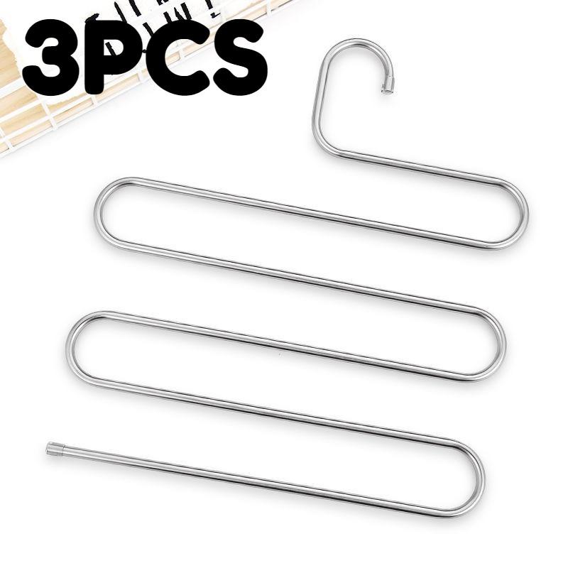 3PCS S-shaped Pants Hanging Five Layer Hanger Multifunctional Drying Trousers Hanger Stainless Steel Space Saving for Scarf Pant