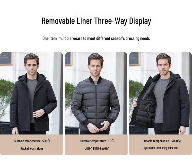 Men's 2025 Winter Removable Liner Down Jacket: Thick Warm White Duck Down Business Casual Coat